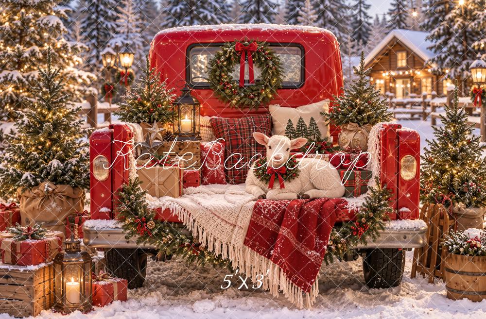 Kate Christmas Red Truck Sheep Gifts Snowy Trees Cabin Printed Backdrop Designed by Emetselch