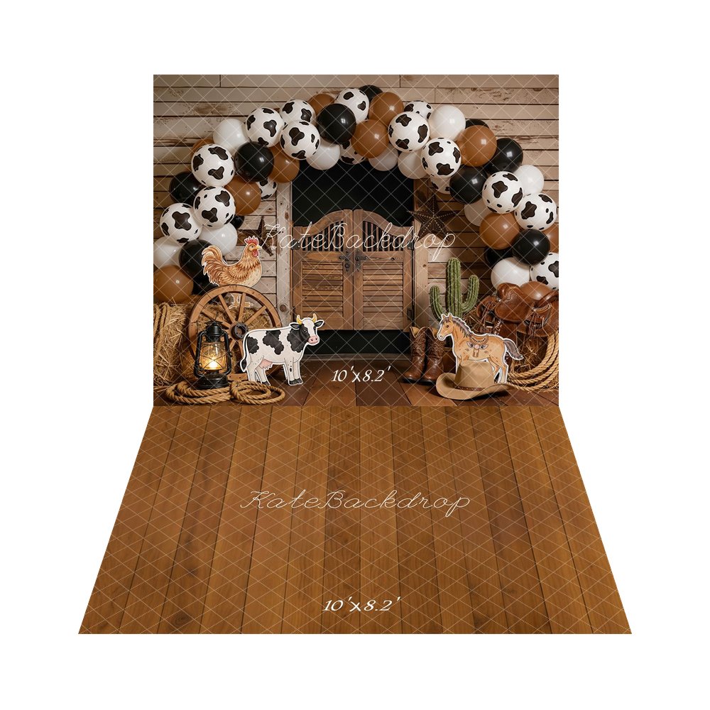 Kate Cake Smash Western Saloon Barn Cow Print Balloon Arch Farm Animals Backdrop+Brown Wooden Plank Retro Floor Backdrop