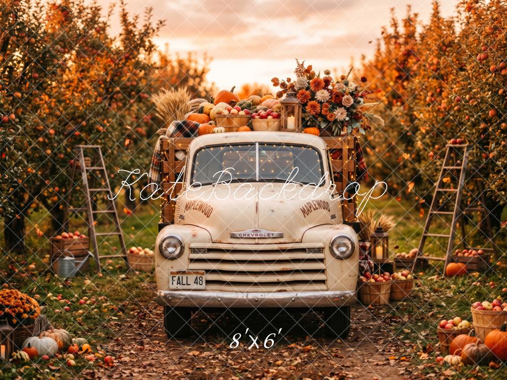 Kate Fall Vintage Truck Harvest Pumpkins Apple Orchard Printed Backdrop Designed by Patty Roberts