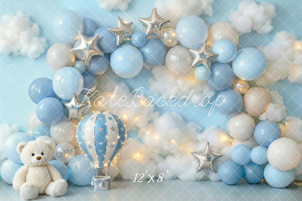 Kate Cake Smash Blue Balloon Arch Hot Air Balloon Teddy Bear Stars Printed Backdrop Designed by Emetselch