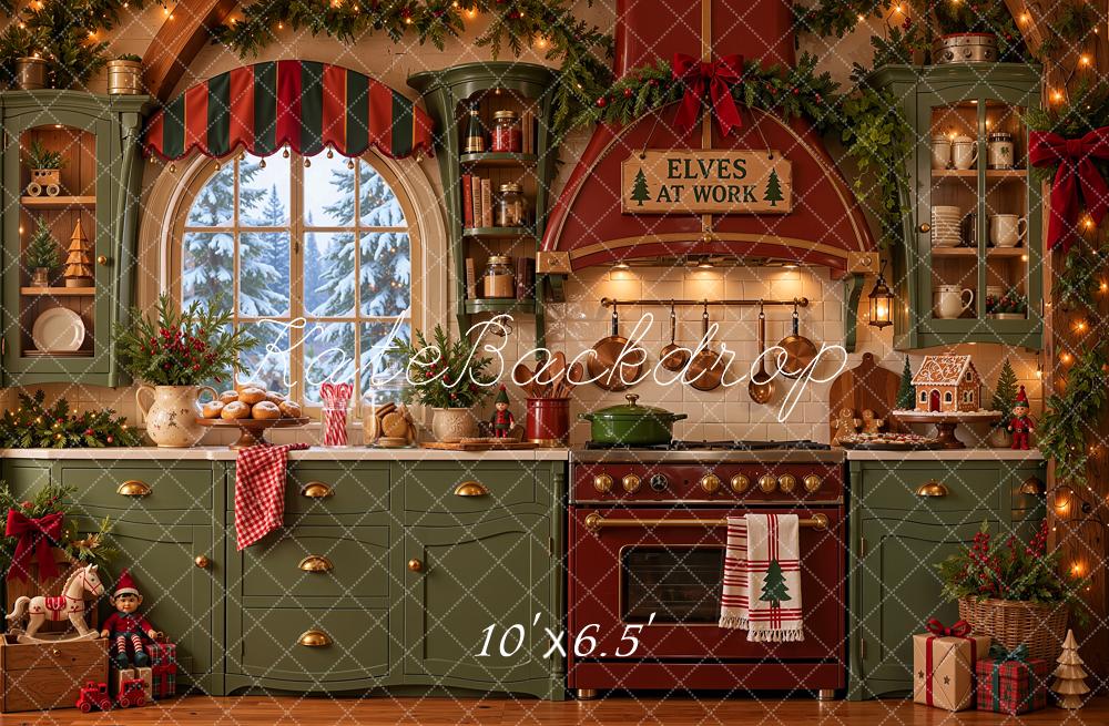 Kate Christmas Kitchen Crooked Elf Workshop Green Red Printed Backdrop Designed by Shutter Swan Studios
