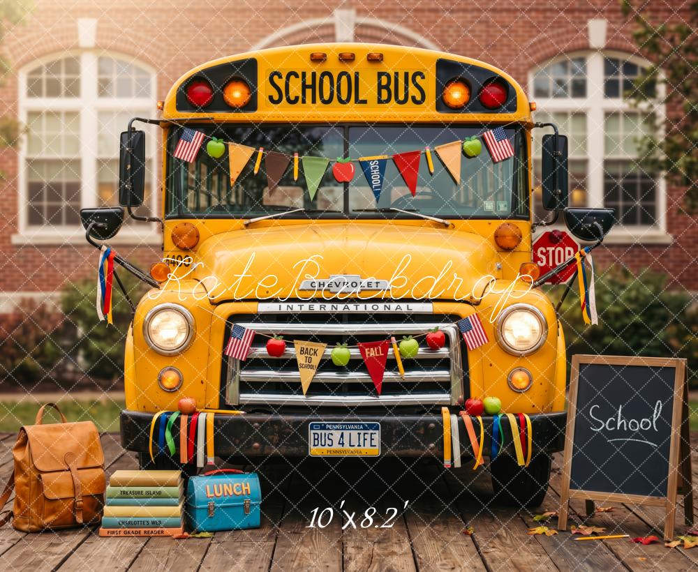 Kate Back To School Yellow School Bus Chalkboard Backpack Printed Backdrop Designed by Patty Roberts
