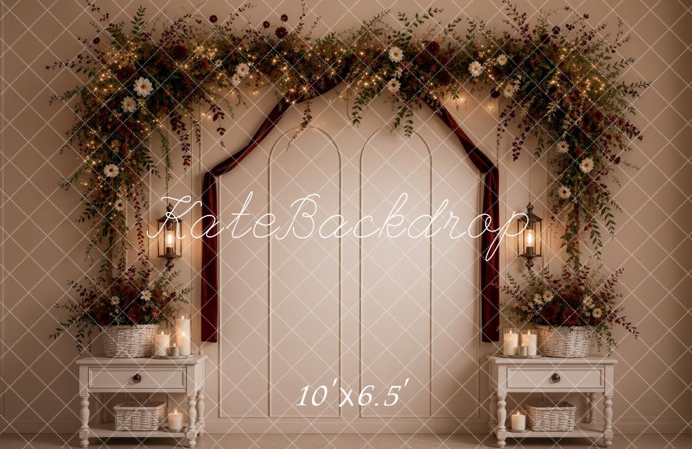 Kate Valentine's Day Headboard Flower Arch Brambles Lanterns Burgundy Cream Printed Backdrop Designed by Ashley Ward