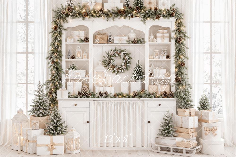 Kate Christmas Cabinet Garland Gifts Pinecones White Printed Backdrop Designed by Emetselch