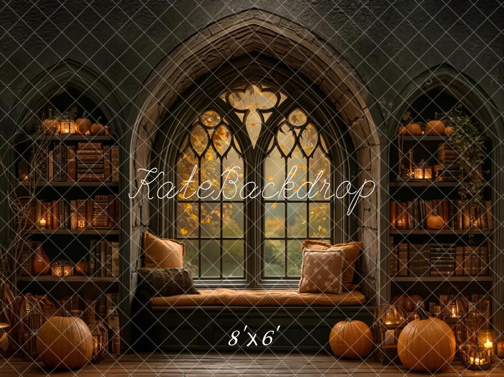 Kate Halloween Gothic Window Pumpkin Bookshelves Backdrop Designed by Emetselch