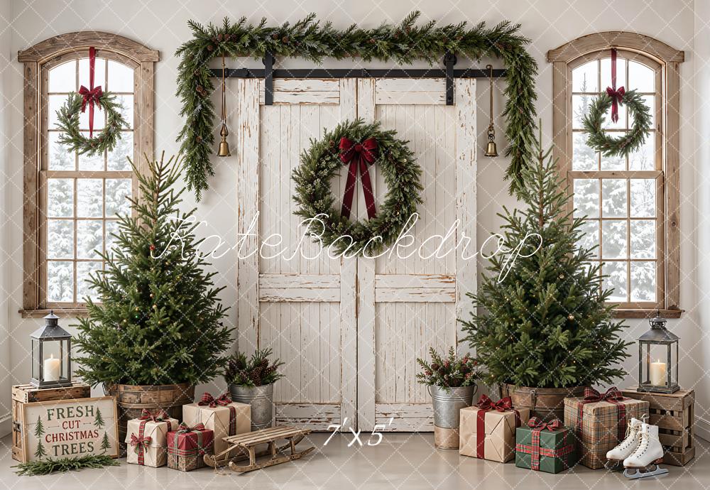 Kate Christmas White Barn Door Trees Wreath Sled Lantern Printed Backdrop Designed by Emetselch