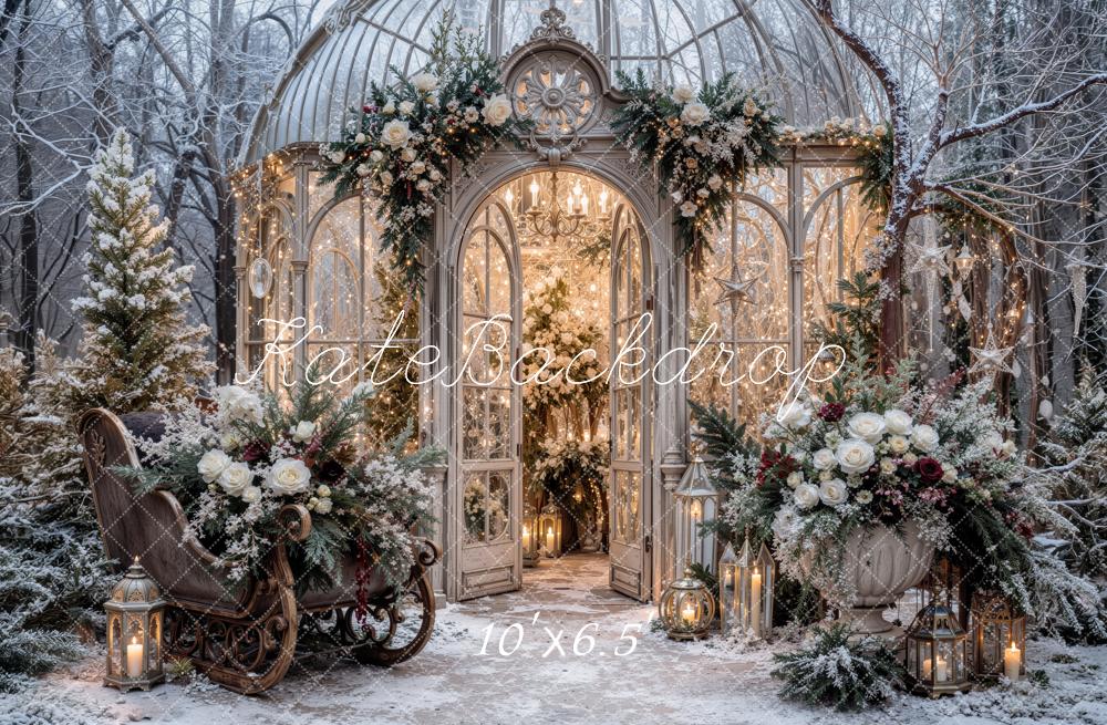 Kate Christmas Snowy Glass Greenhouse Floral Sleigh Printed Backdrop Designed by Jordan Moon
