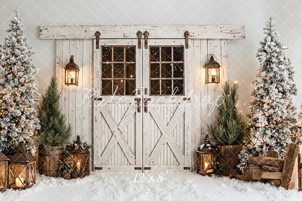 Kate Christmas Barn Door Lanterns Snowy Trees White Backdrop Designed by Emetselch