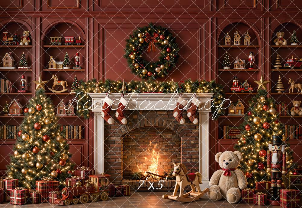 Kate Christmas Fireplace Tree Wreath Gifts Red Toys Wall Printed Backdrop Designed by Emetselch