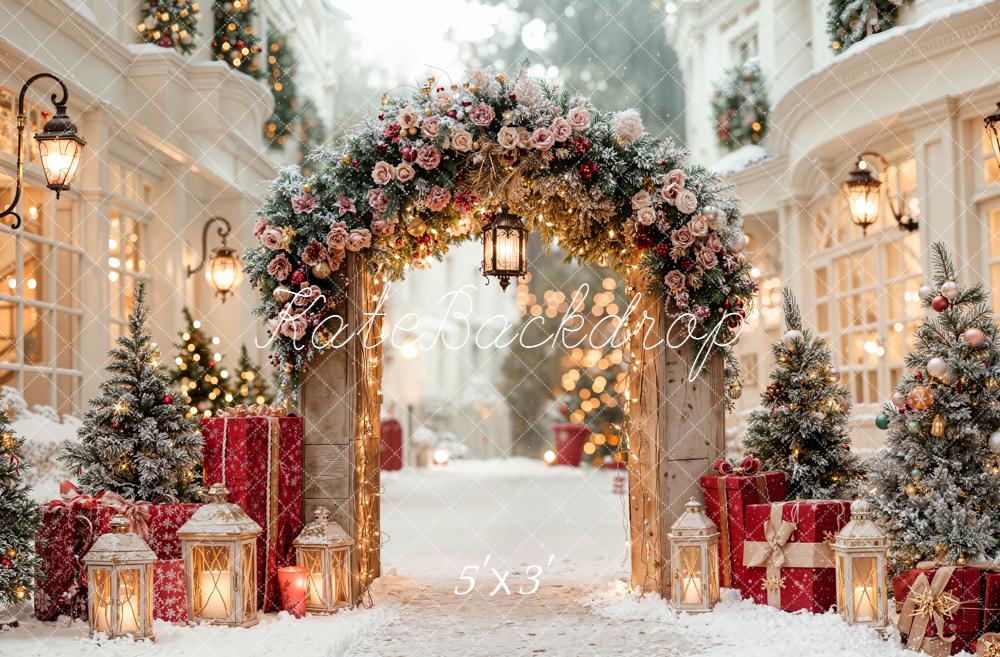 Kate Christmas Flower Arch Snowy Street Lanterns Gift Backdrop Designed by Emetselch