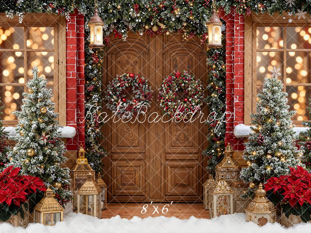 Kate Christmas Wood Door Wreath Snowy Pine Trees Backdrop Designed by Emetselch