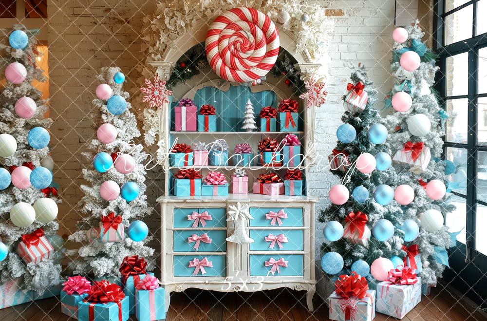 Kate Christmas Candy Shelf Pastel Trees Gifts Backdrop Designed by Mini MakeBelieve