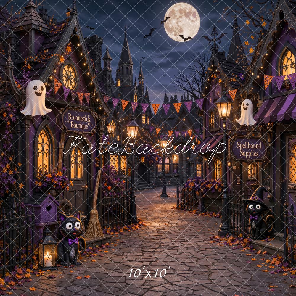 Kate Halloween Night Haunted Village Ghosts Witch Cobblestone Printed Backdrop Designed by Chain Photography