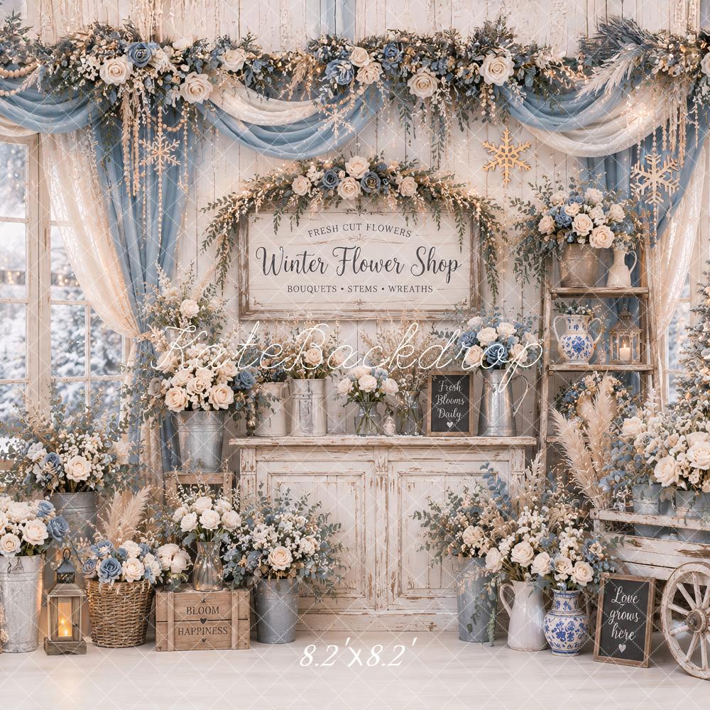 Kate Winter Flower Shop Blue Floral Cart Garland Drapes Printed Backdrop Designed by Ashley Paul