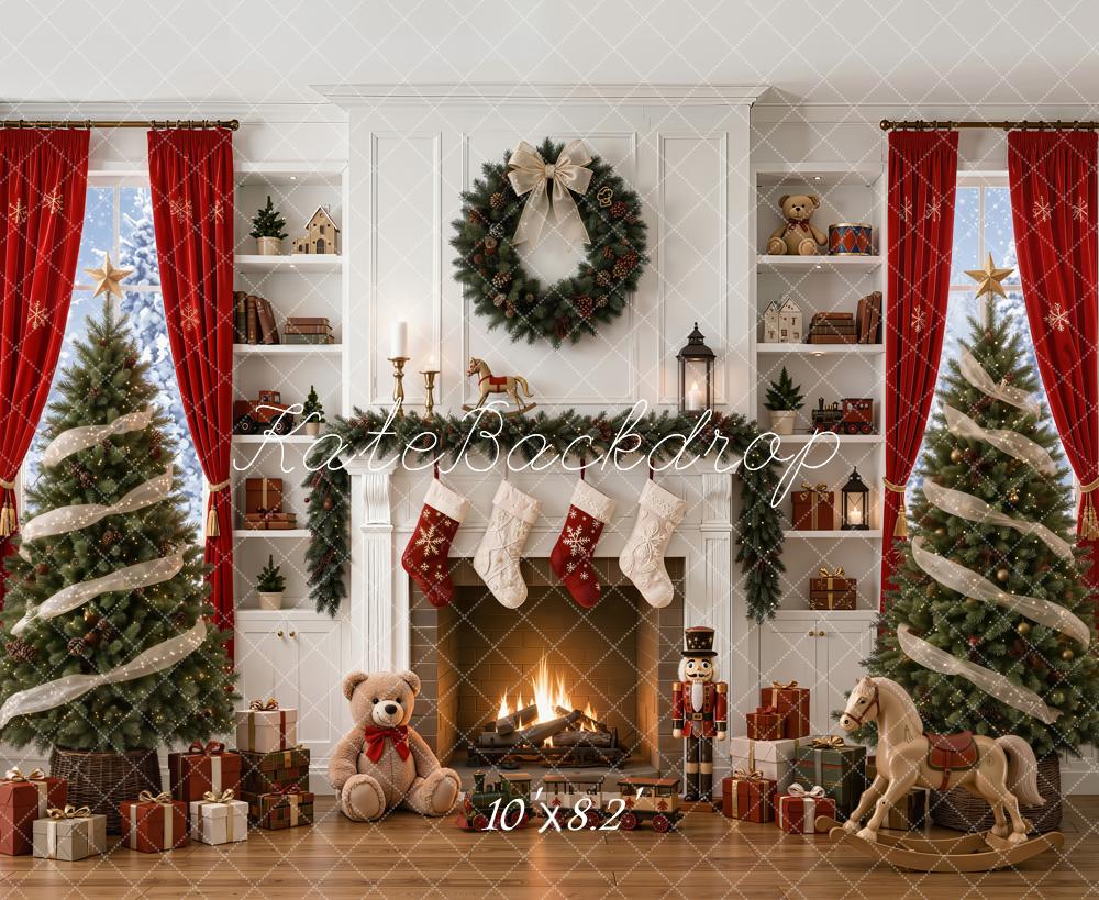 Kate Christmas Fireplace Christmas Tree Presents Rocking Horse Nutcracker Printed Backdrop Designed by Emetselch