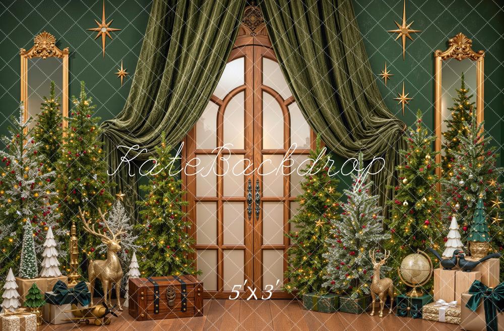 Kate Christmas Trees Green Draped Door Gifts Printed Backdrop Designed by Mini MakeBelieve
