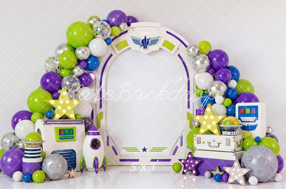 Kate Cake Smash Space Arch Balloons Rocket Stars Control Panel Printed Backdrop Designed by Mini MakeBelieve