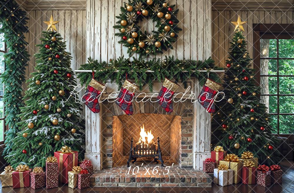Kate Christmas Trees Distressed Fireplace Wreath Stockings Gifts Backdrop Designed by Mini MakeBelieve