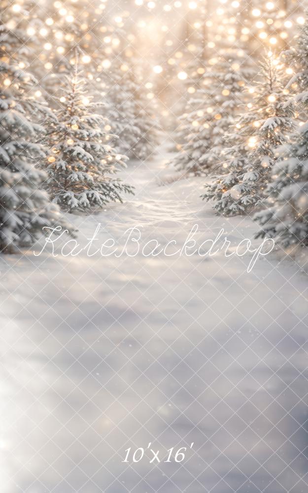 Kate Sweep Christmas Snowy Pine Trees Bokeh Lights Printed Backdrop Designed by Emetselch