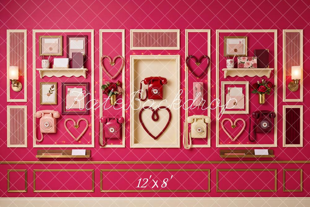 Kate Valentine's Day Pink Vintage Telephone Hearts Wall Printed Backdrop Designed by Patty Roberts