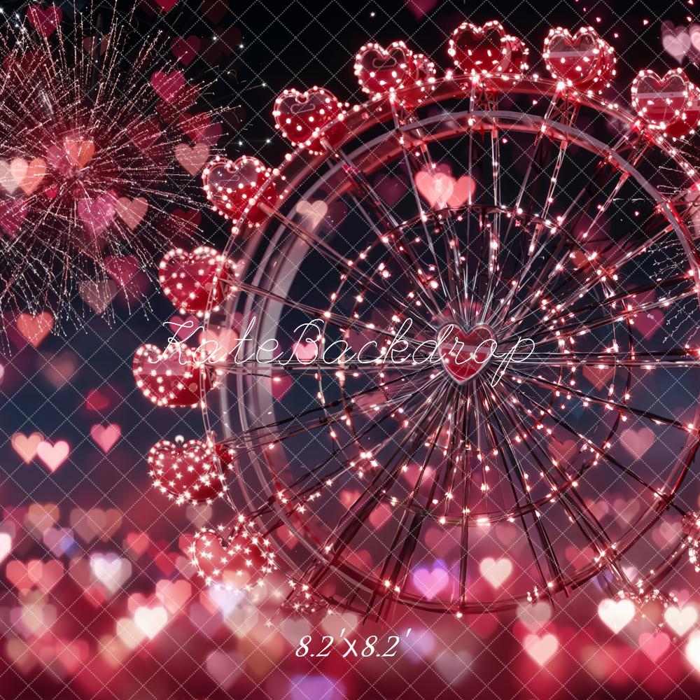 Kate Valentine's Day Ferris Wheel Fireworks Red Hearts Backdrop Designed by Emetselch