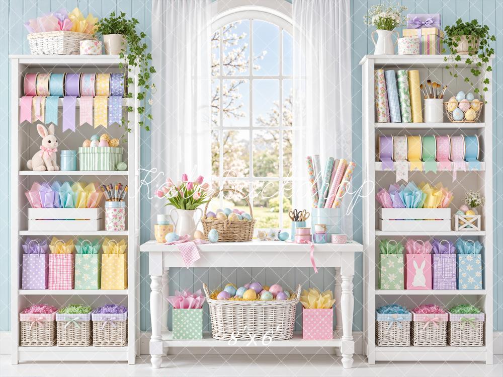 Kate Easter Bunny Pastel Craft Room Shelves Window Printed Backdrop Designed by Emetselch