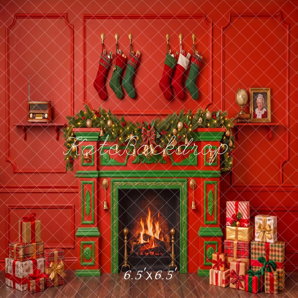 Kate Christmas Red Fireplace Stockings Presents Printed Backdrop Designed by Angela Miller