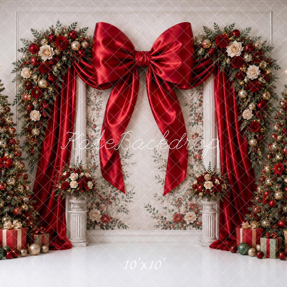 Kate Christmas Red Bow Floral Arch Trees Fine Art Wall Printed Backdrop Designed by Ashley Ward