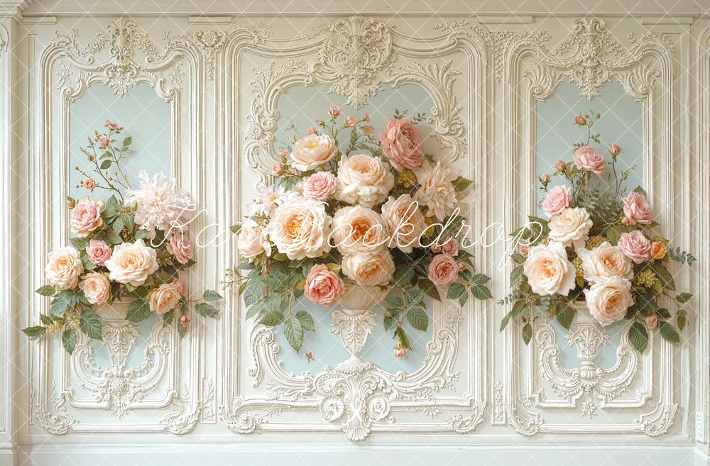 Kate Vintage Wall Flower Pastel Roses Printed Backdrop Designed by Chain Photography