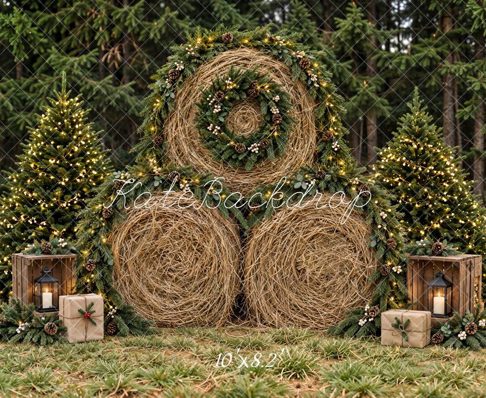 Kate Christmas Hay Bale Wreath Pine Forest Printed Backdrop Designed by Emetselch