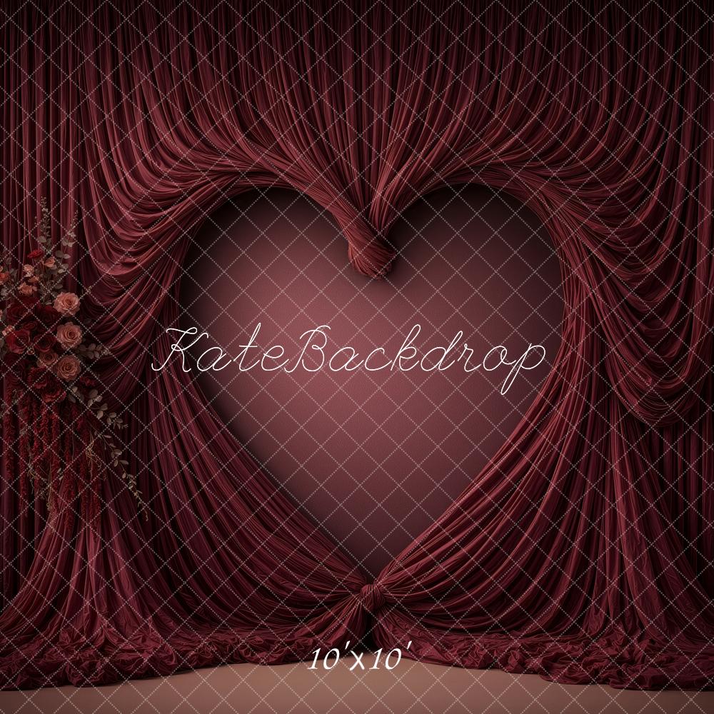 Kate Valentine's Day Burgundy Heart Draped Curtains Floral Printed Backdrop Designed by Ashley Ward