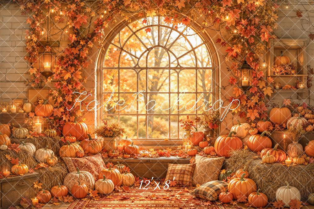 Kate Fall Pumpkins Window Arch Maple Leaves Printed Backdrop Designed by Emetselch