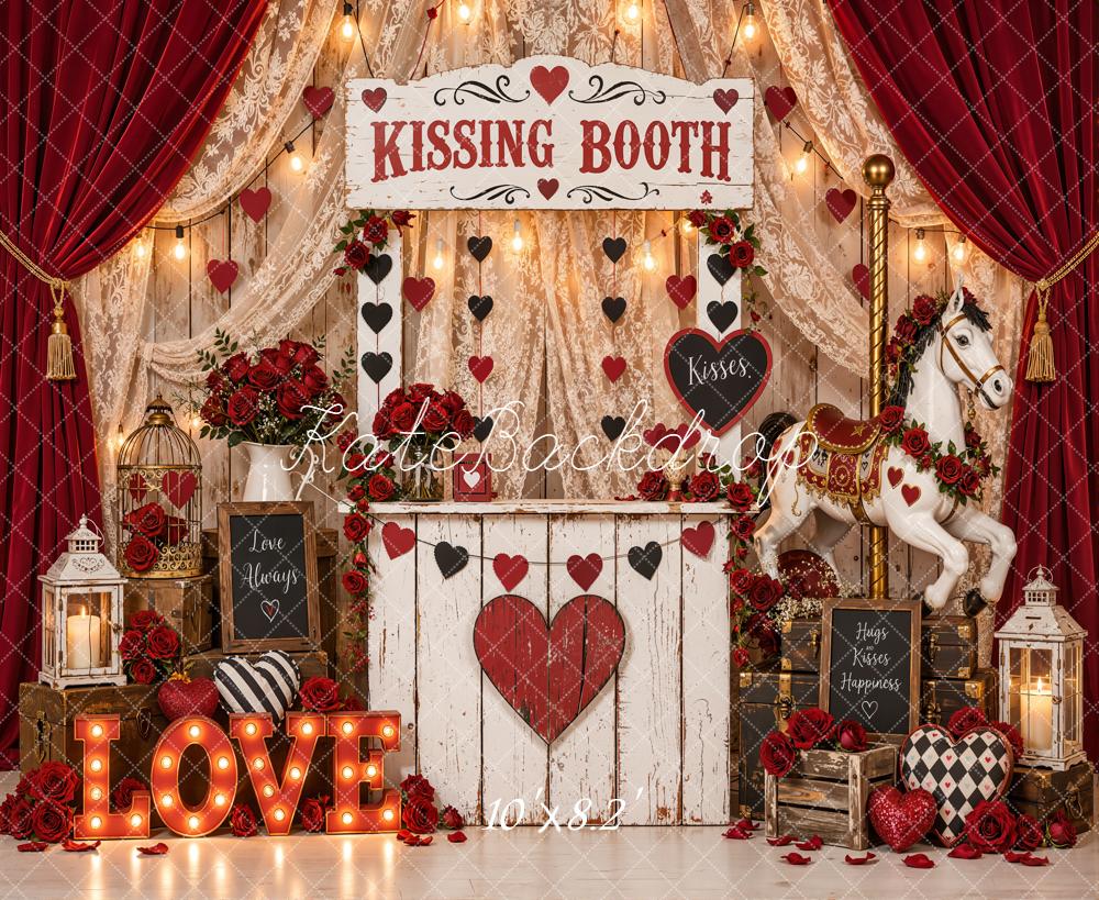 Kate Valentine's Day Kissing Booth Carousel Horse Curtains Hearts Printed Backdrop Designed by Emetselch