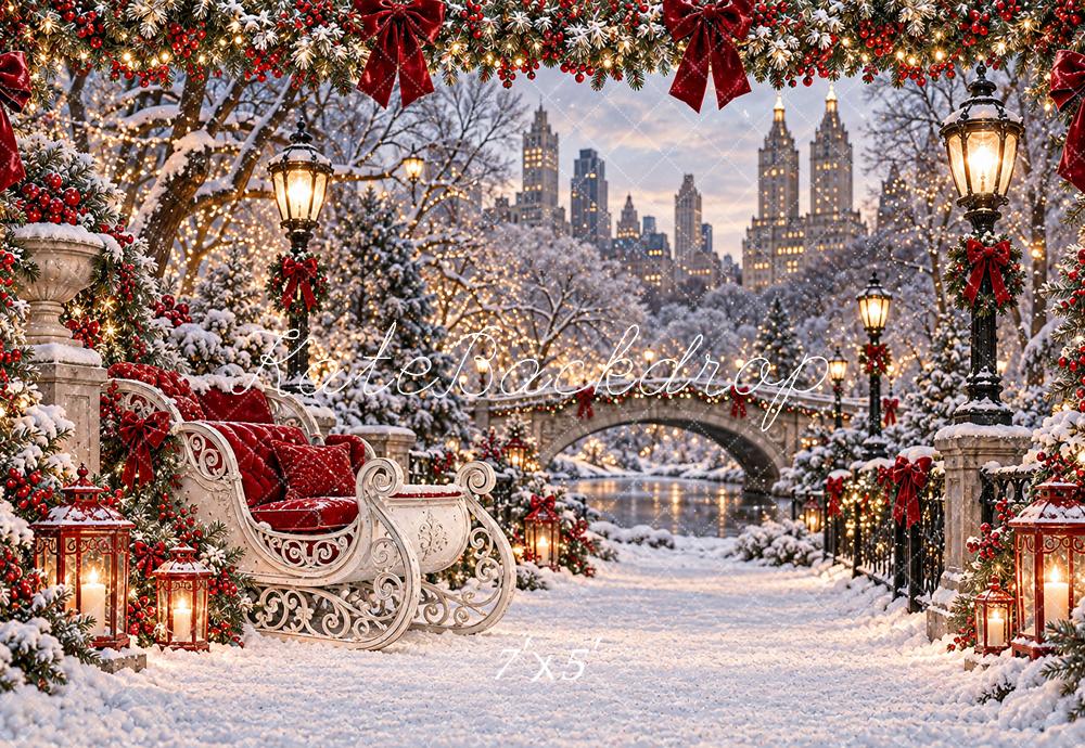 Kate Christmas Snowy City Central Park Sleigh Printed Backdrop Designed by Angela Miller
