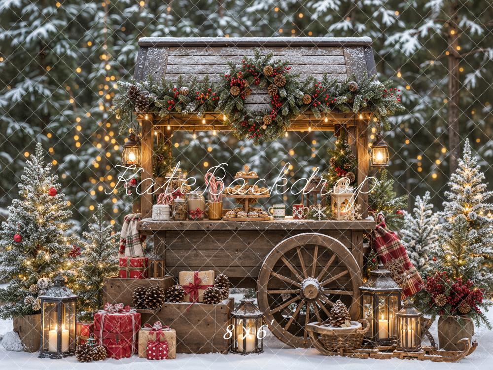 Kate Christmas Rustic Market Cart Snowy Forest Printed Backdrop Designed by Emetselch