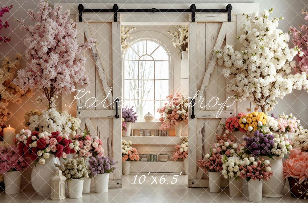 Kate Spring Barn Door Flower Arch Window Blossoms Backdrop Designed by Mini MakeBelieve