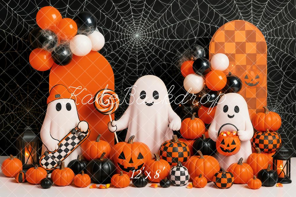 Kate Halloween Ghosts Pumpkins Balloons Spiderweb Backdrop Designed by Ashley Paul