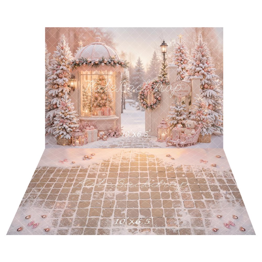 Kate Christmas Pink Gazebo Snowy Christmas Trees Gifts Sleigh Printed Backdrop+Snowy Pink Tile Floor Printed Backdrop