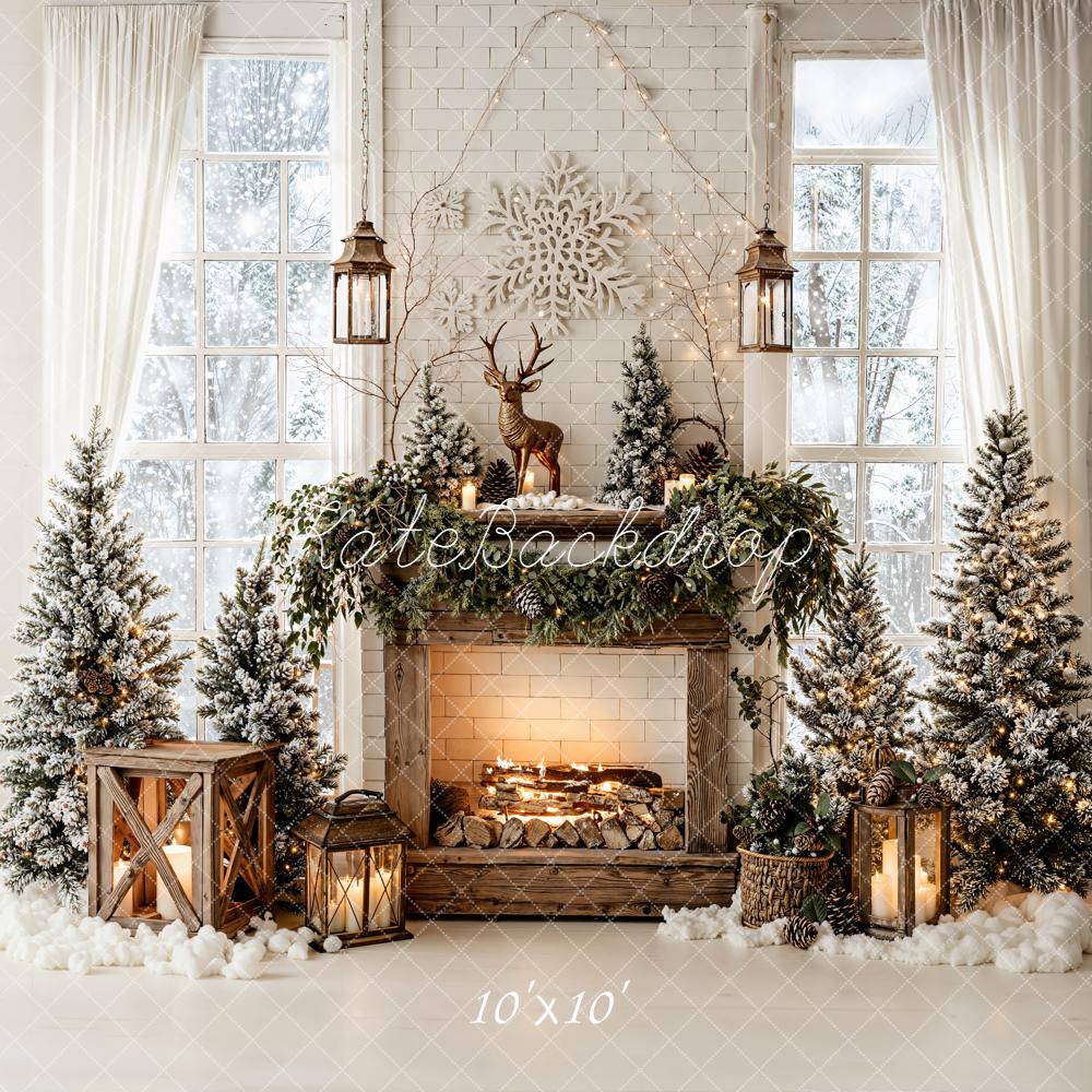 Kate Christmas Fireplace Snowy Trees Lanterns Reindeer Window Backdrop Designed by Emetselch