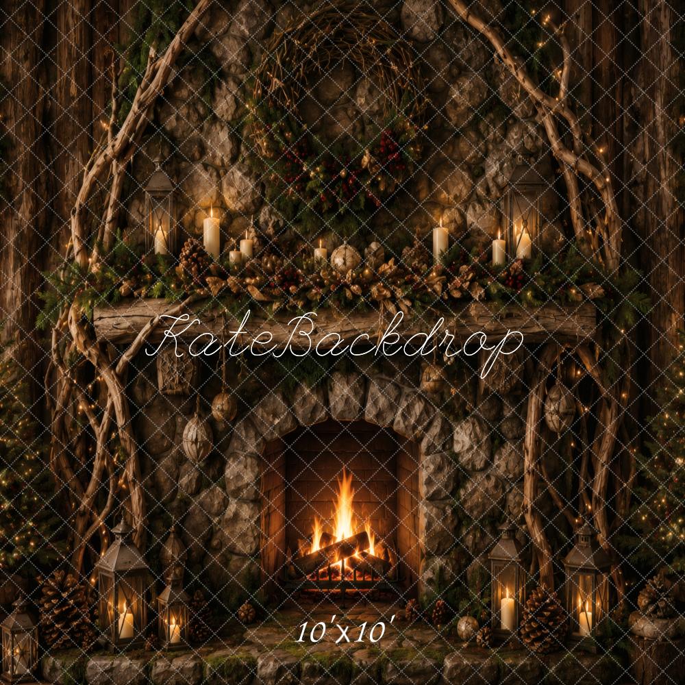 Kate Christmas Rustic Stone Fireplace Garland Lanterns Printed Backdrop Designed by Vertigo Productions