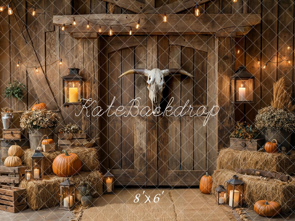 Kate Fall Rustic Barn Door Pumpkins Hay Lanterns Backdrop Designed by Emetselch
