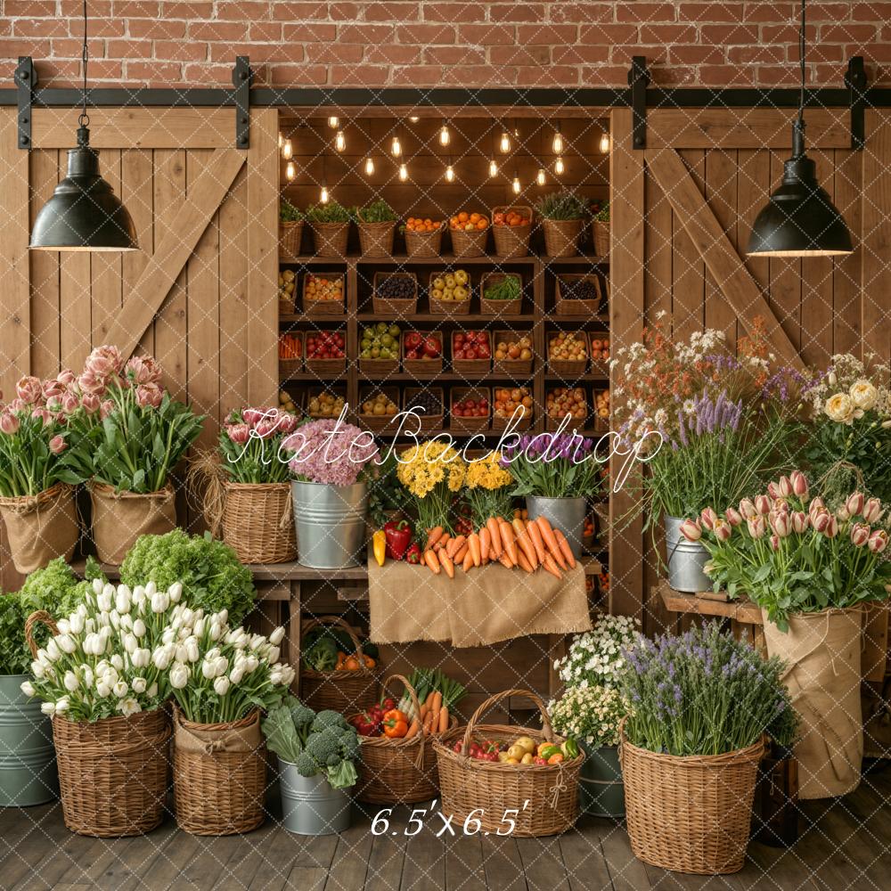 Kate Flower Market Fruits Vegetables Rustic Barn Brick Wall Printed Backdrop Designed by Emetselch