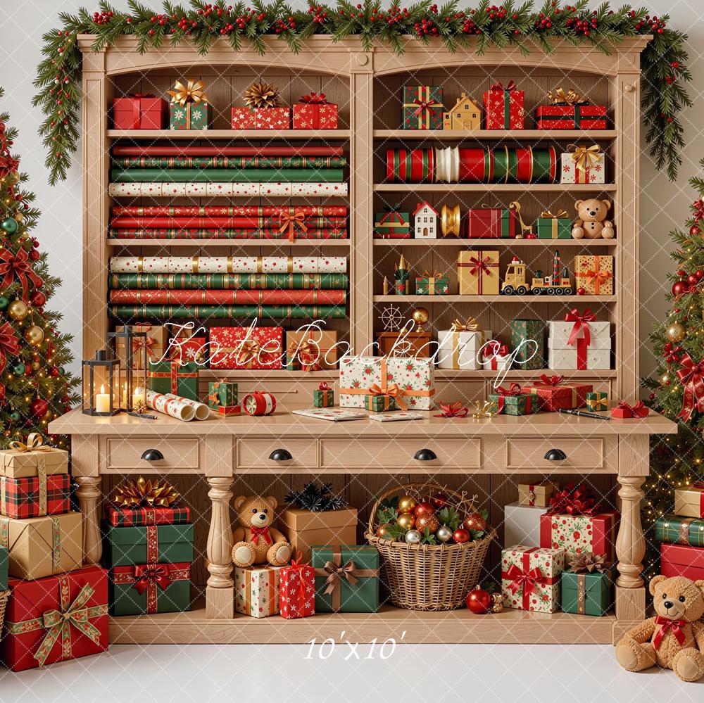 Kate Christmas Gift Wrapping Cabinet Presents Trees Printed Backdrop Designed by Shutter Swan Studios