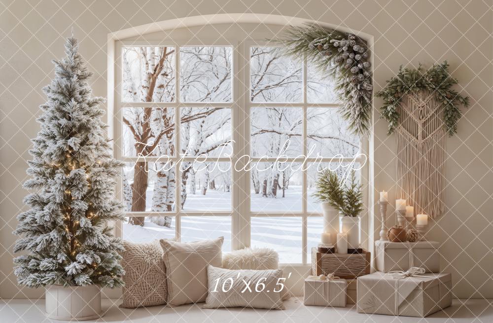 Kate Christmas Winter Snowy Window Tree Neutral Cozy Backdrop Designed by Emetselch