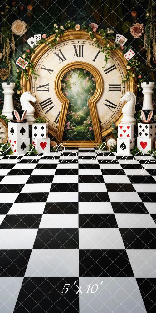 Kate Sweep Alice Garden Clock Room Wonderland Chessboard Playing Cards Printed Backdrop Designed by Patty Roberts