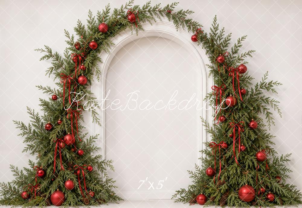 Kate Christmas Evergreen Garland Arch Red Bow Ribbon Printed Backdrop Designed by Emetselch