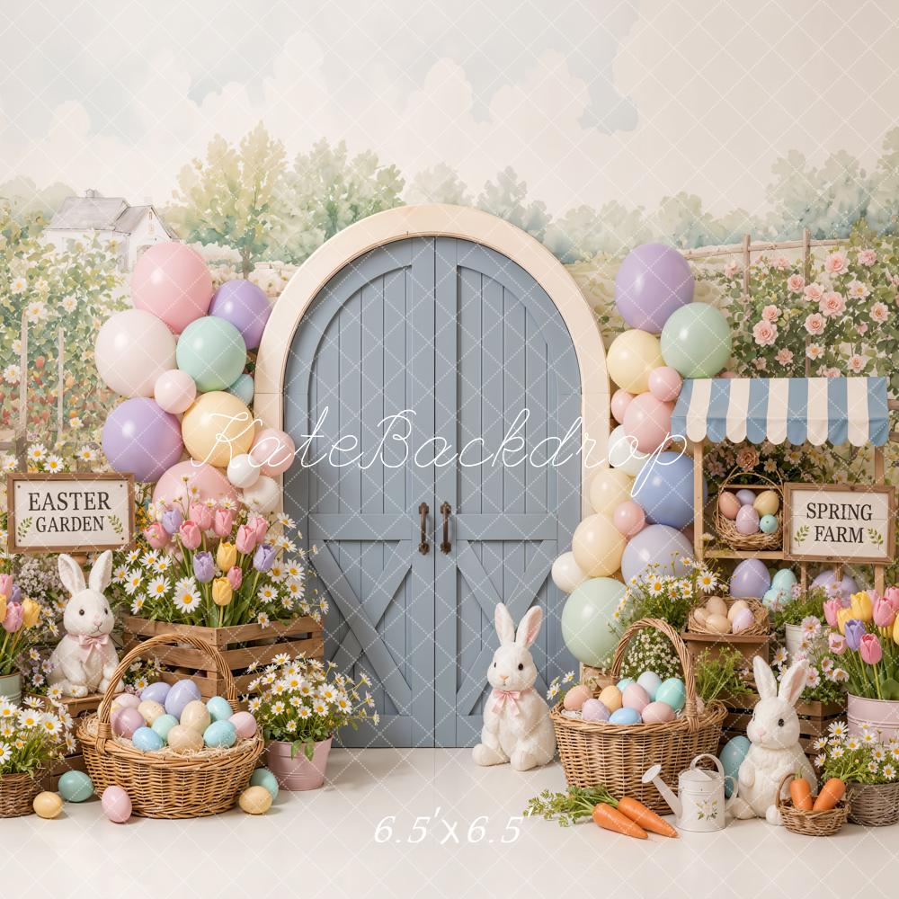 Kate Easter Cake Smash Balloons Bunny Garden Barn Door Printed Backdrop Designed by Emetselch