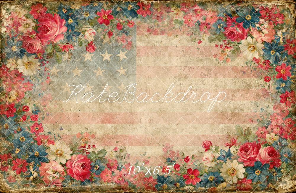 Kate 4th Of July Vintage Flag Floral Border Printed Backdrop Designed by Angela Miller