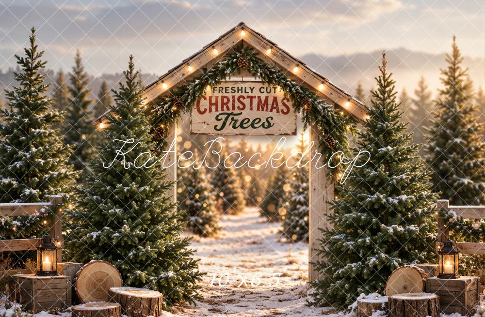 Lightning Deal Kate Christmas Snowy Tree Farm Arch Rustic Wood Printed Backdrop Designed by Emetselch