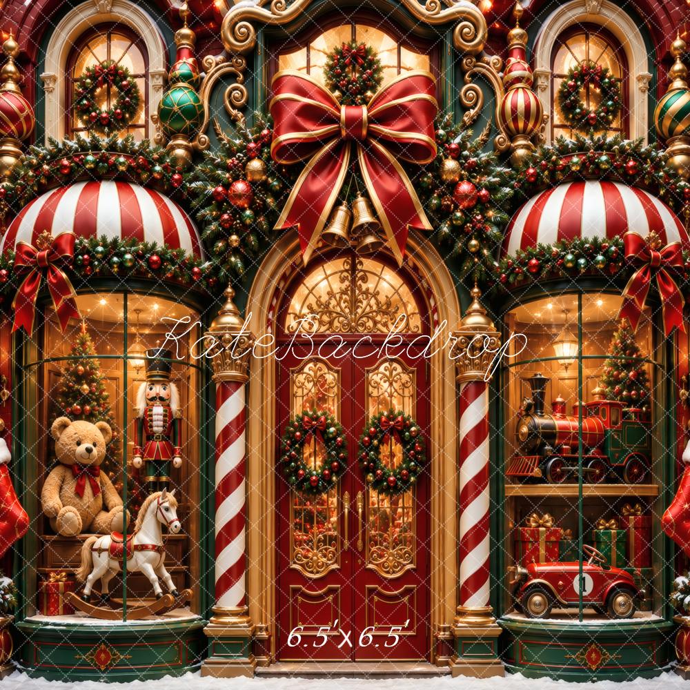Kate Christmas Toy Store Front Teddy Bear Nutcracker Train Printed Backdrop Designed by Vertigo Productions
